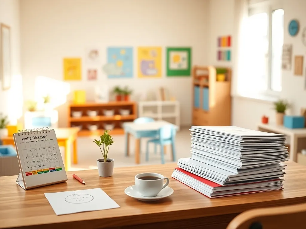 Przytulne biuro dyrektora przedszkola z widokiem na kolorową salę, podkreślające profesjonalne i przyjazne środowisko pracy.