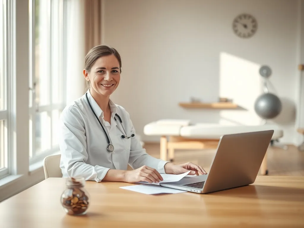 Fizjoterapeuta w nowoczesnym gabinecie analizuje dokumenty i finanse, symbolizując zarobki z prywatnej praktyki.