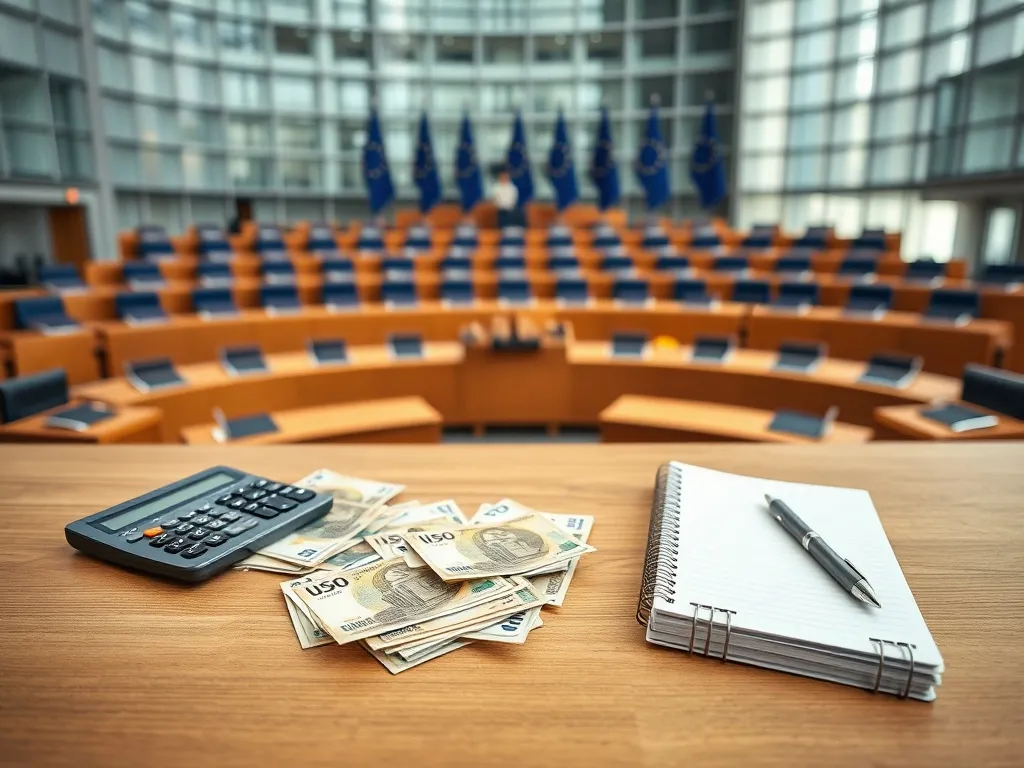 Eurobanknoty, kalkulator i notes na biurku na tle sali Parlamentu Europejskiego, symbolizujące zarobki i przywileje europosłów.