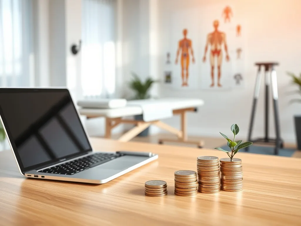 Nowoczesny gabinet fizjoterapii z laptopem i monetami na biurku, symbolizujący zarobki i perspektywy w zawodzie