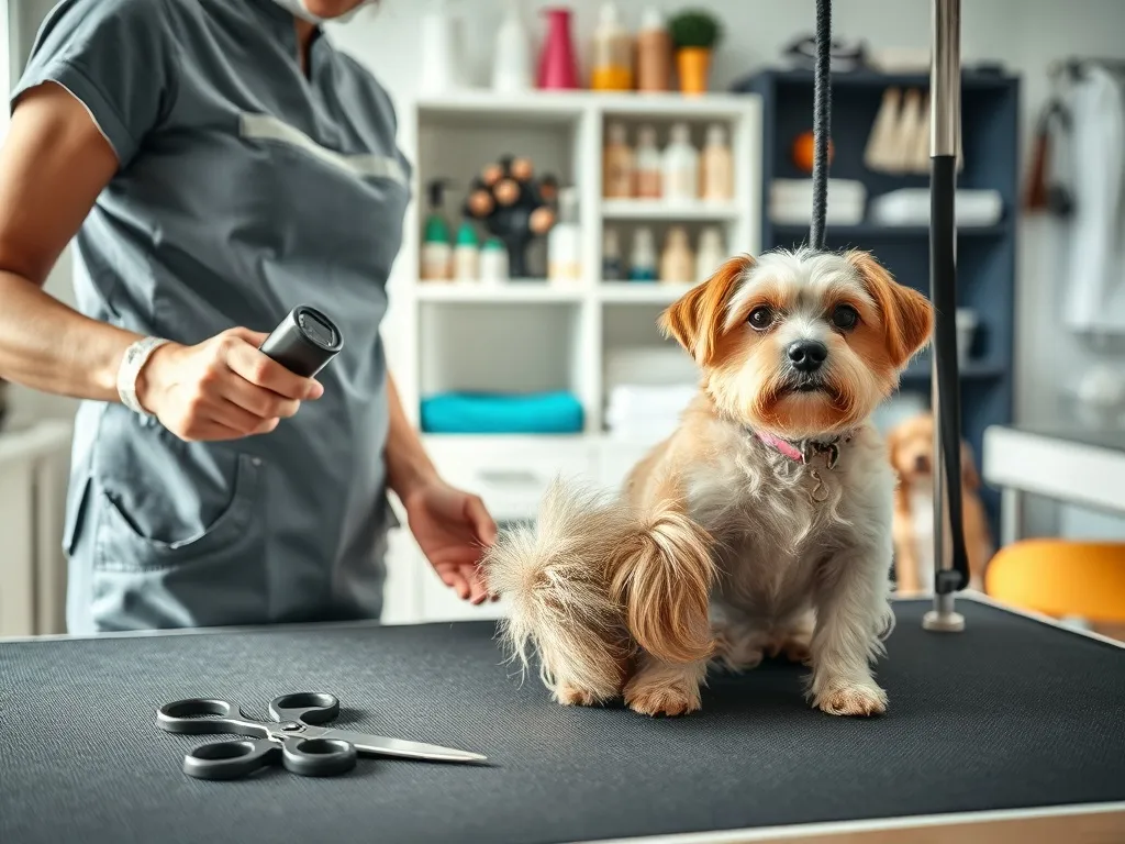 Groomer przycina sierść małego psa w jasnym salonie, w tle akcesoria i drugi pies czekający na swoją kolej.