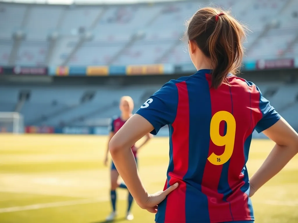 Piłkarka z numerem 9 na koszulce Barcelony stoi na murawie stadionu, gotowa do meczu w słoneczny dzień