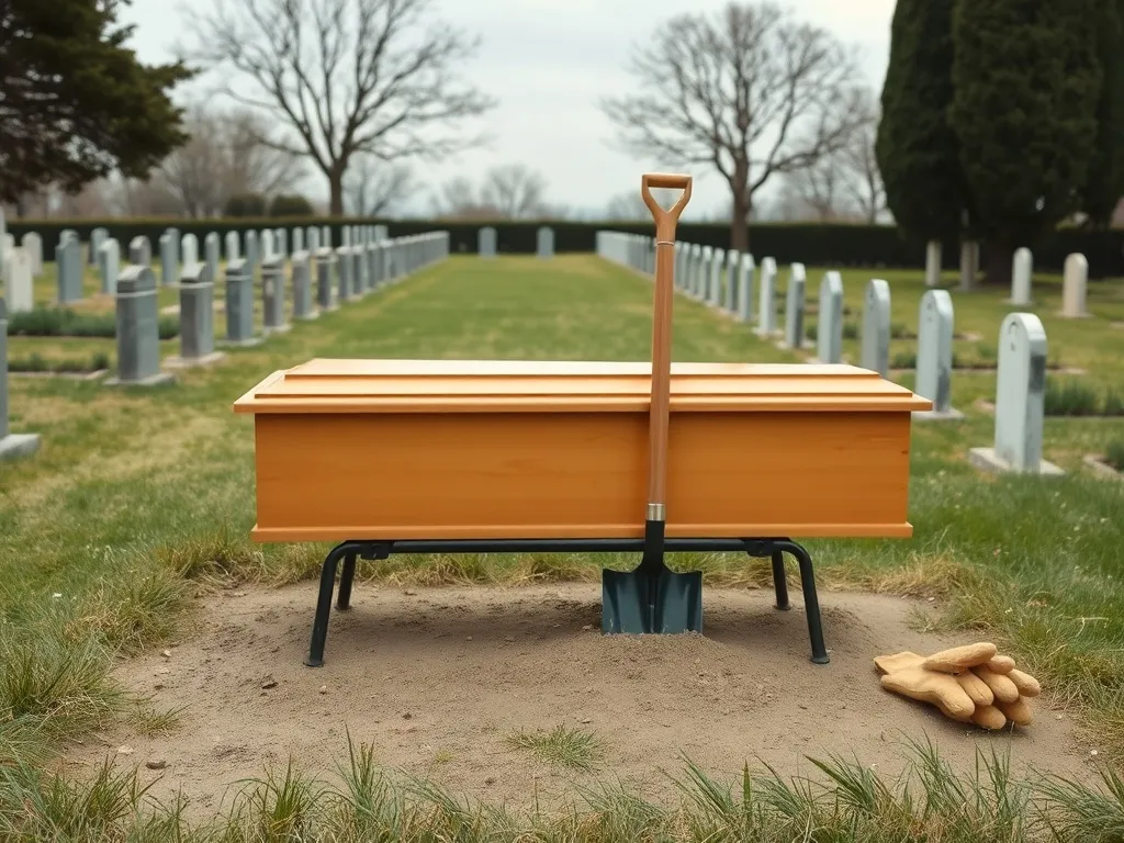 Trumna, łopata i rękawice na tle zadbanego cmentarza, symbolizujące codzienną pracę i obowiązki grabarza