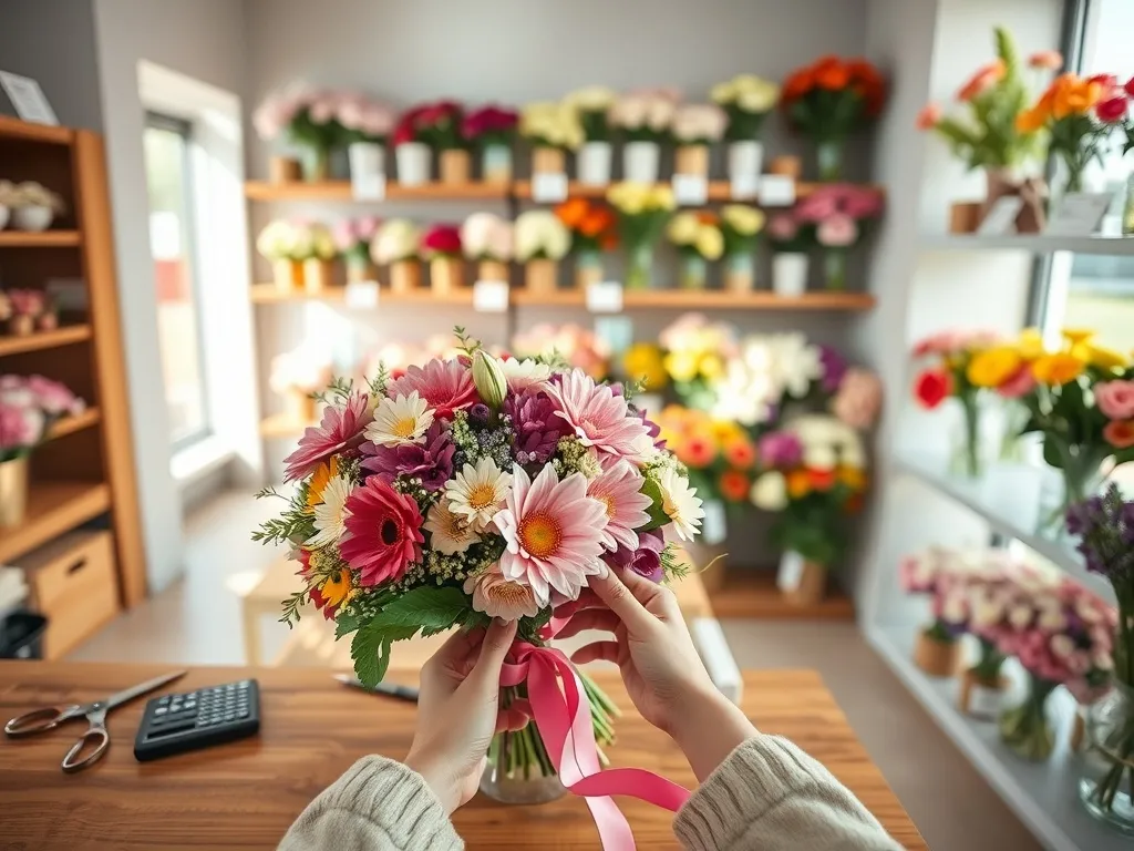 Florysta układa kolorowy bukiet na ladzie kwiaciarni, obok nożyczki, wstążka i kalkulator, w tle półki z kwiatami