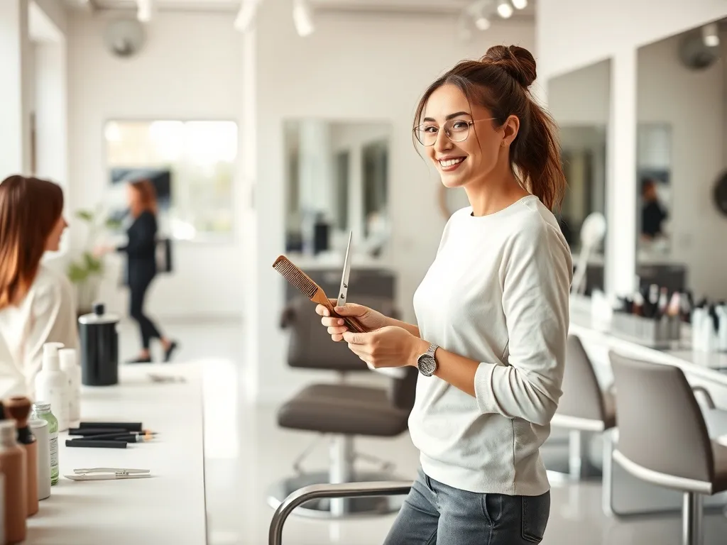 Uśmiechnięty fryzjer z nożyczkami w nowoczesnym salonie, gotowy do pracy, symbolizuje profesjonalizm i potencjał zarobkowy
