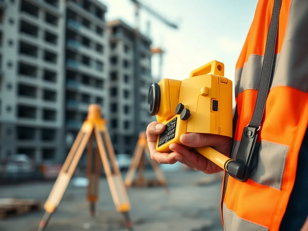 Geodeta w kamizelce odblaskowej mierzy teren na placu budowy za pomocą GPS i łaty mierniczej, w tle niedokończone budynki.