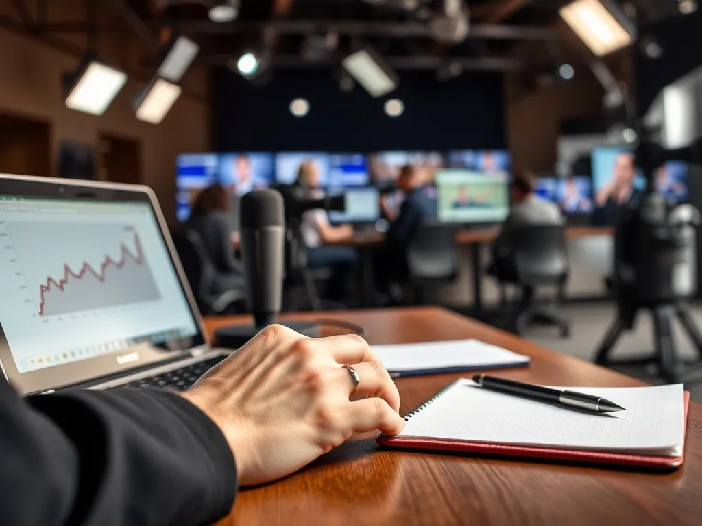 Dziennikarz przy biurku analizuje wykres zarobków na laptopie, z mikrofonem i notatnikiem w nowoczesnej redakcji.