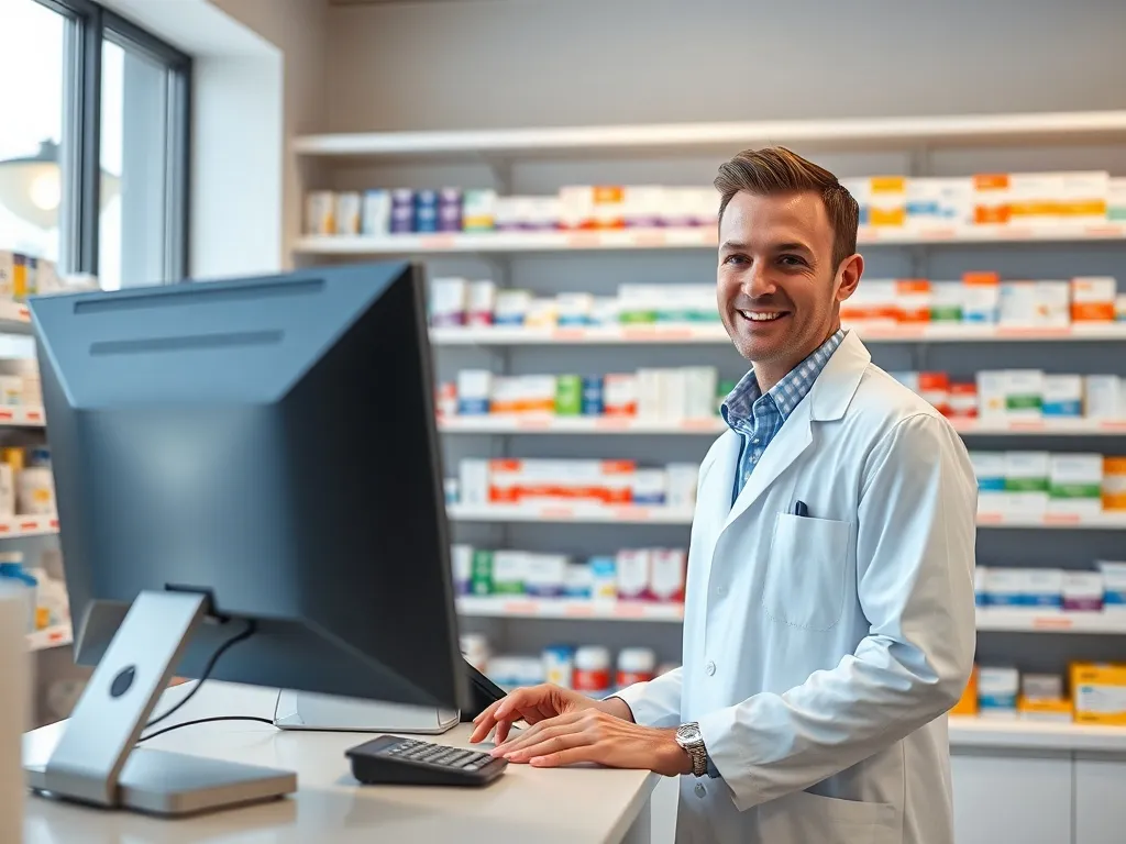 Farmaceuta w białym fartuchu przy ladzie w nowoczesnej aptece, pracuje przy komputerze w otoczeniu leków.