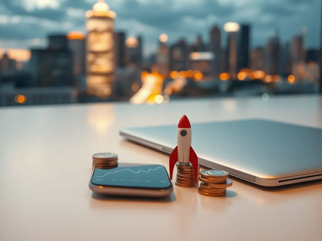 Minimalistyczne biurko z rosnącym wykresem na smartfonie, monetami i miniaturową rakietą na tle rozświetlonej panoramy miasta.