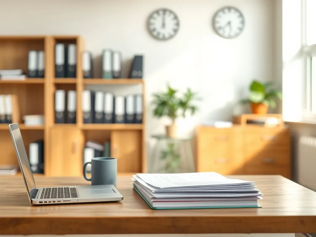 Nowoczesny gabinet dyrektora szkoły z biurkiem i dokumentami, podkreślający administracyjny charakter pracy i odpowiedzialność funkcji