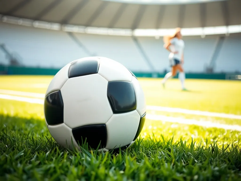 Piłka nożna na murawie stadionu, w tle sylwetka pewnej siebie piłkarki, symbol sukcesów Ewy Pajor.