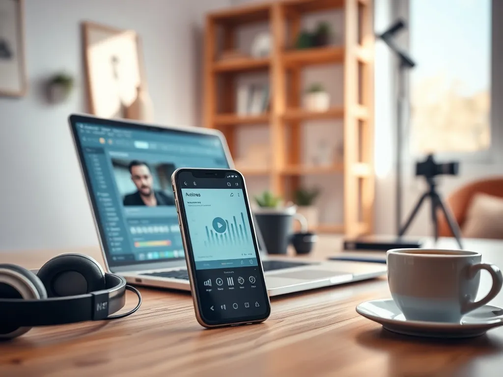 Nowoczesne domowe studio YouTube z telefonem z odtwarzaczem wideo i laptopem z analityką, symbolizujące zarobki twórcy.