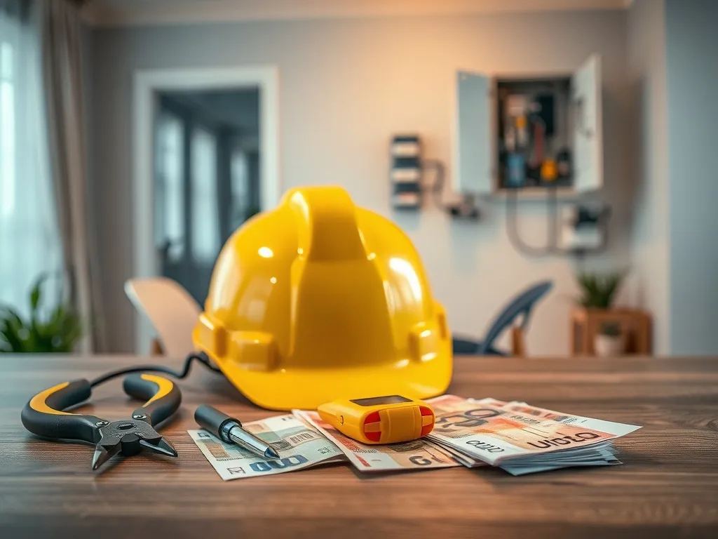 Kask elektryka, narzędzia i banknoty PLN oraz euro na biurku, symbolizujące zarobki elektryków w Polsce i za granicą.