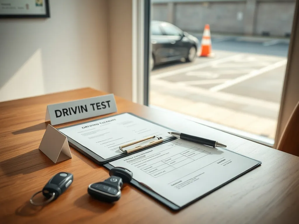 Biurko egzaminatora WORD z formularzami, długopisem i kluczami do auta, w tle auto i pachołek na placu manewrowym