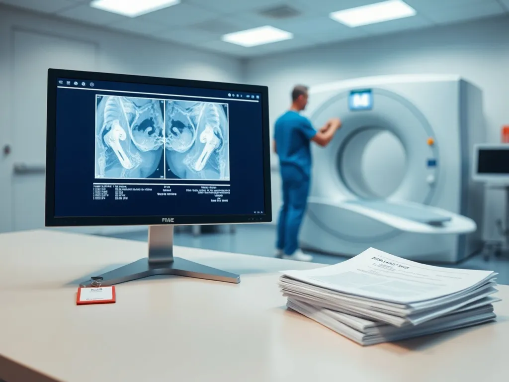 Stanowisko elektroradiologa przy komputerze z badaniem obrazowym, w tle tomograf i specjalista przy aparaturze.
