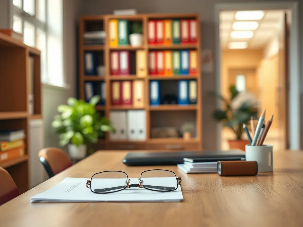 Gabinet dyrektora szkoły podstawowej z biurkiem i dokumentami, podkreślający profesjonalne środowisko pracy i obowiązki kierownicze.