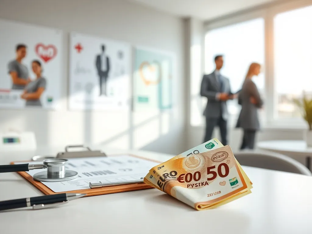 Biurko lekarza z stetoskopem, dokumentami i banknotami euro oraz złotych, symbolizujące zarobki ginekologa w Polsce i za granicą