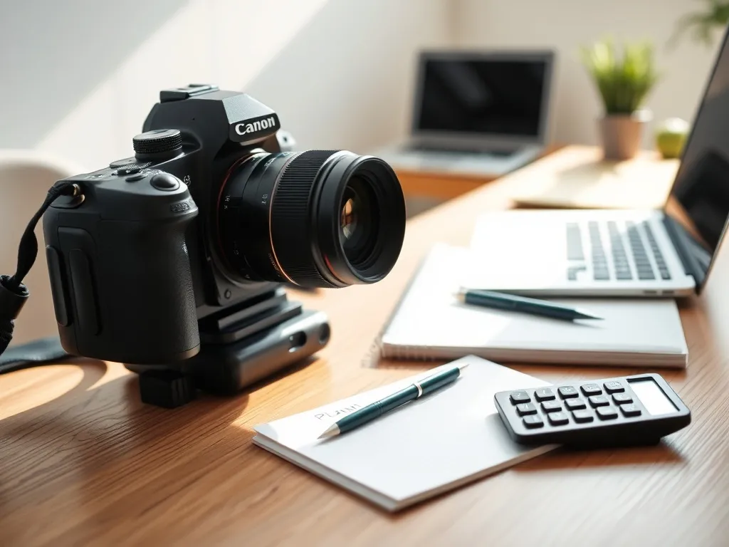 Aparat fotograficzny na biurku obok notesu i kalkulatora, symbolizujący planowanie stawek i zarobków fotografa
