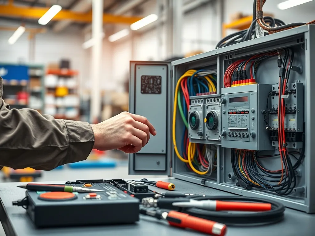 Elektromechanik pracuje przy otwartej szafie sterowniczej, w tle nowoczesny, jasny warsztat przemysłowy.