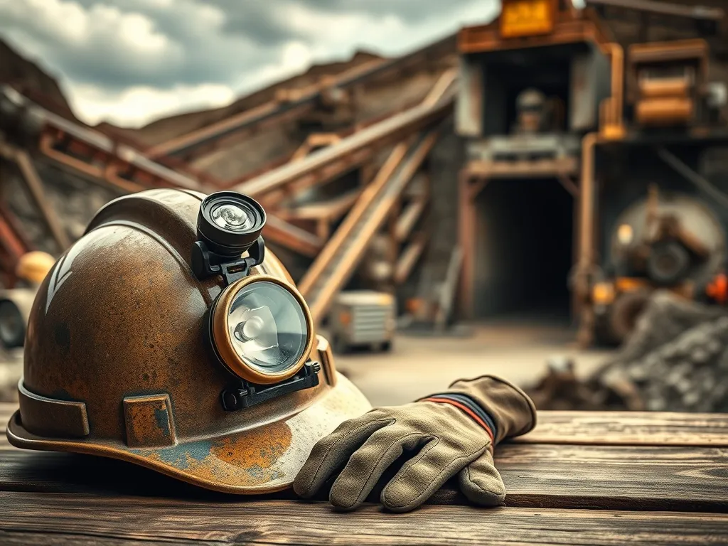 Kask górniczy z lampą i zakurzone rękawice na tle kopalni, symbolizujące ciężką pracę i zarobki górników.