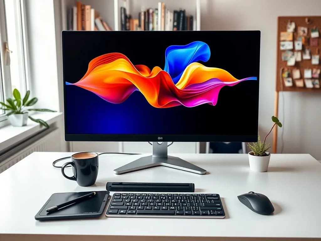 Nowoczesne biurko grafika komputerowego z monitorem, tabletem graficznym i kawą, podkreślające kreatywną pracę i zarobki w zawodzie.