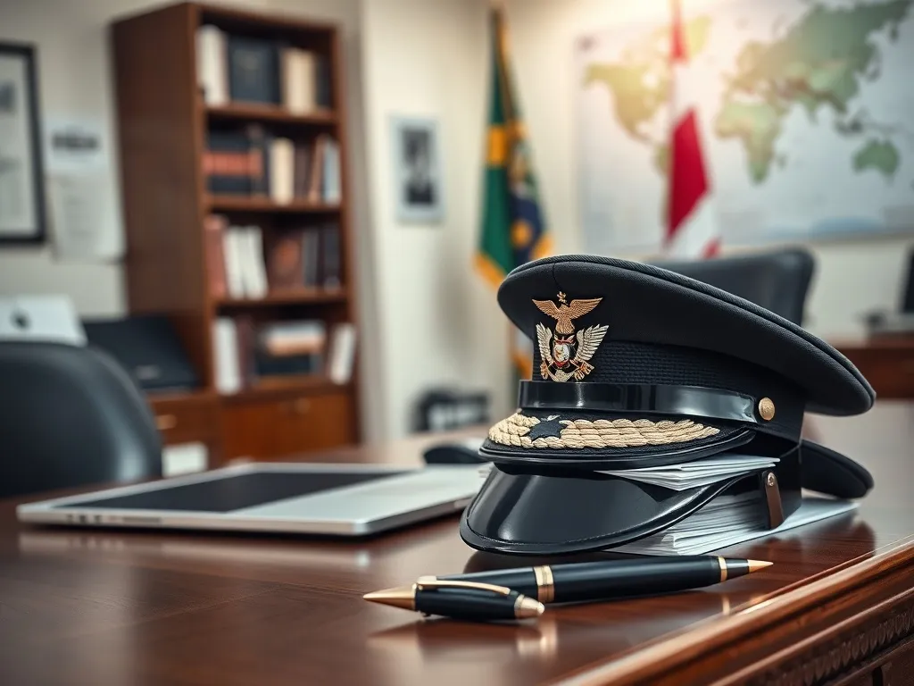 Biurko generała z czapką, dystynkcjami i dokumentami w uporządkowanym gabinecie wojskowym, sugerujące wysoką rangę i obowiązki