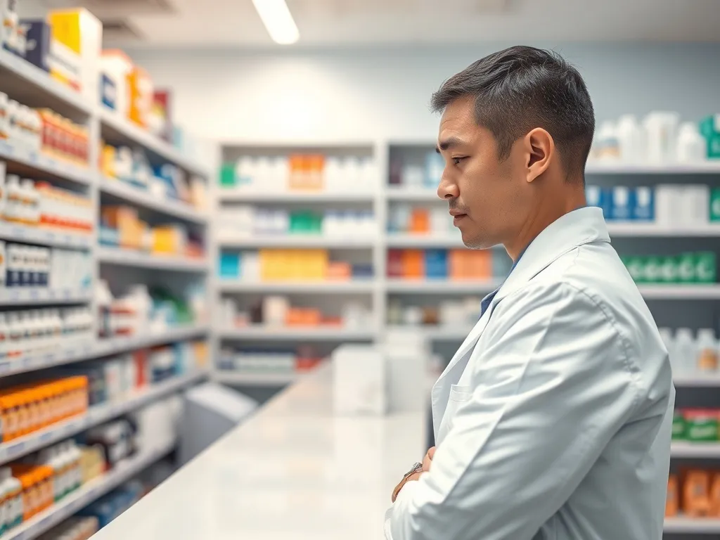 Farmaceuta w białym fartuchu przy nowoczesnym stanowisku w aptece, pracujący wśród półek z lekami.