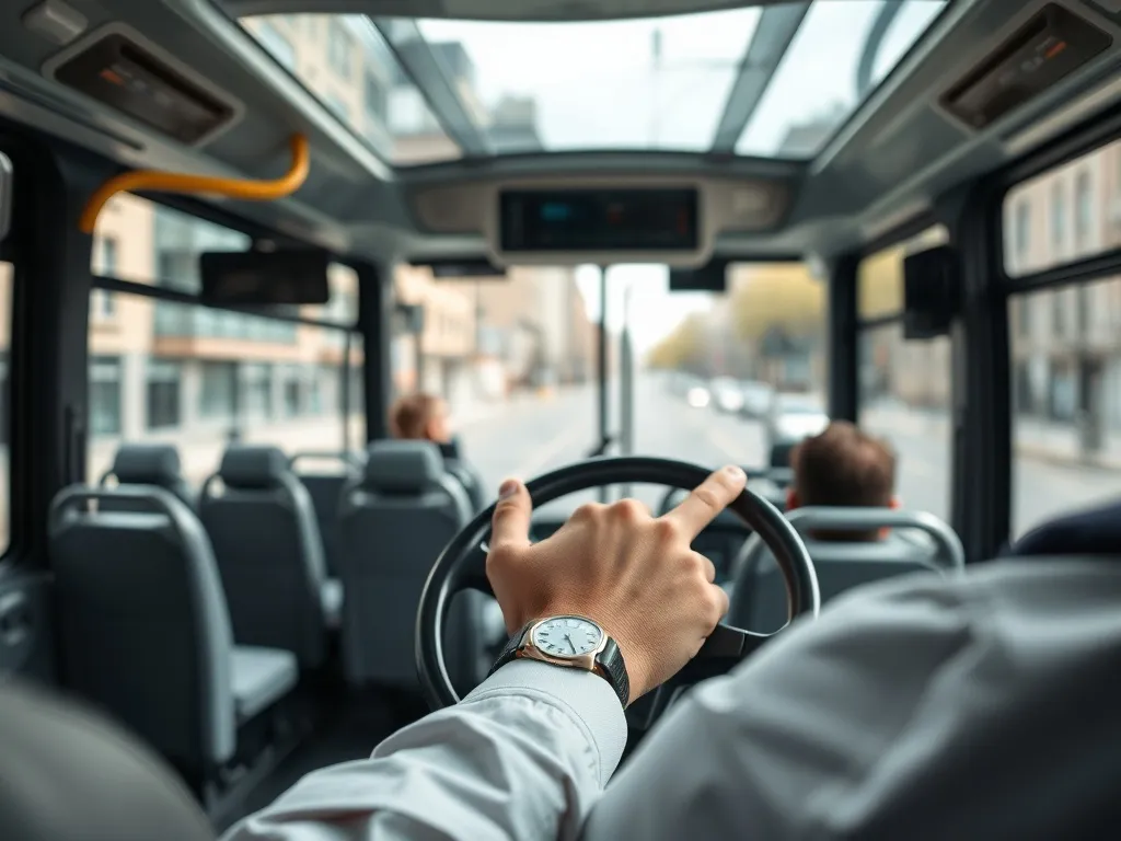 Kierowca autobusu w schludnym uniformie prowadzi nowoczesny miejski autobus, wnętrze jasne, profesjonalna atmosfera pracy.