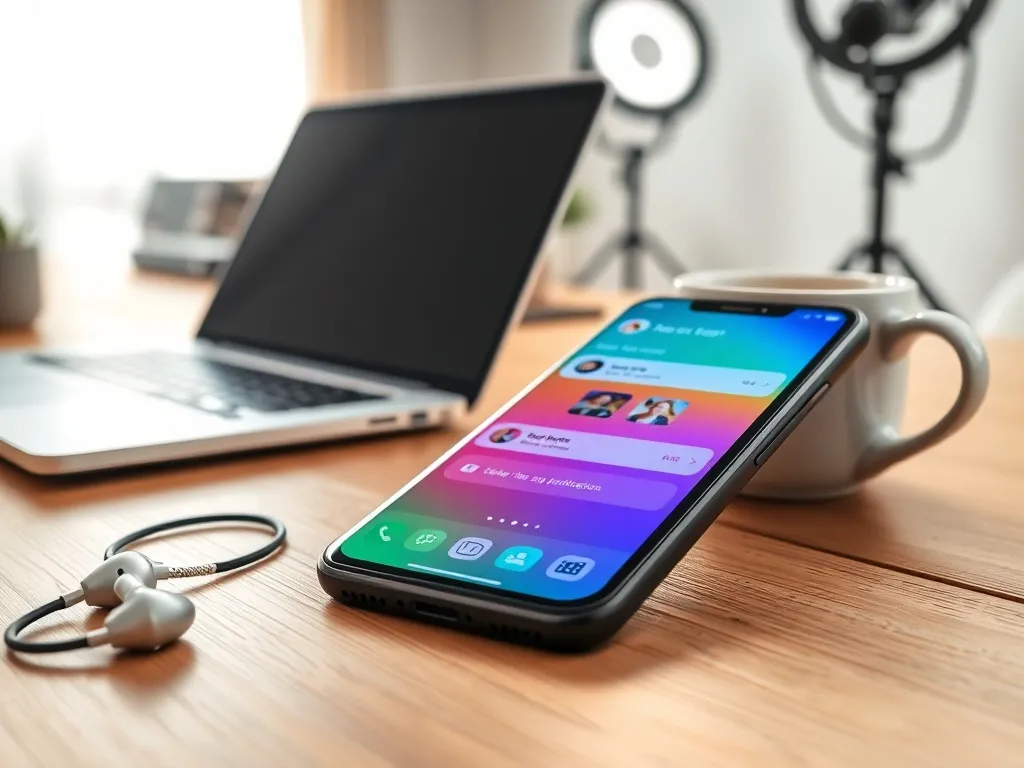 Smartfon z aplikacją social media na biurku influencera, obok akcesoria pracy twórcy w domowym biurze.