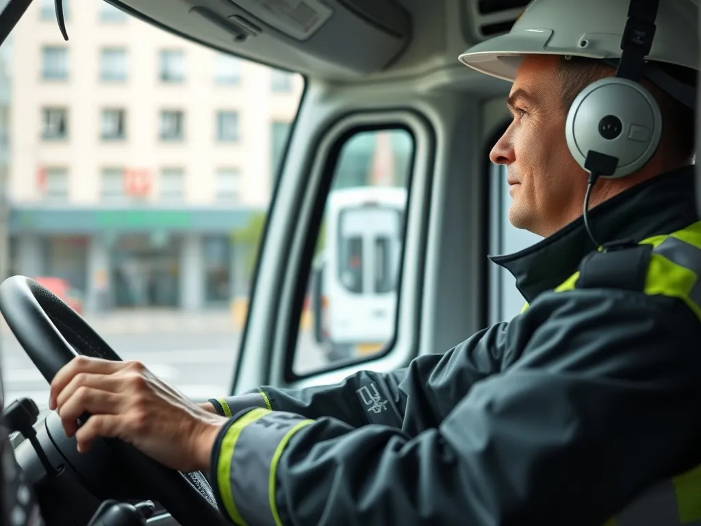 Kierowca karetki w odblaskowej kurtce prowadzi ambulans w pobliżu szpitala, symbol odpowiedzialnej pracy i wynagrodzenia.