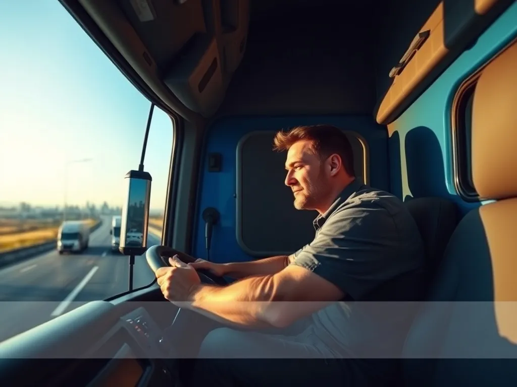 Kierowca nowoczesnego tira patrzy przed siebie na autostradzie, symbolizując pracę i zarobki w transporcie międzynarodowym.
