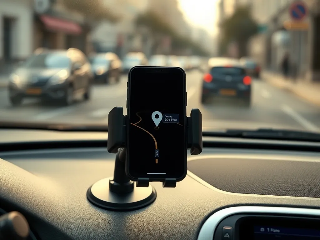 Smartfon z nawigacją w uchwycie na desce rozdzielczej auta, symbolizujący pracę i zarobki kierowcy Ubera
