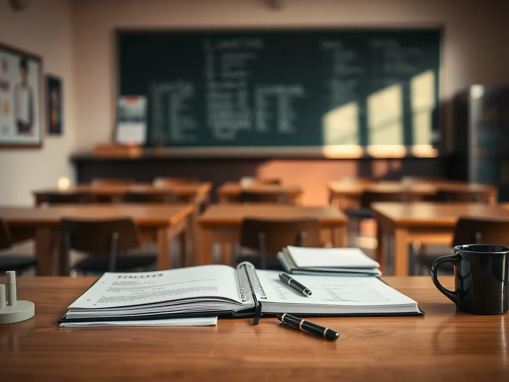 Biurko nauczyciela z dokumentami i planerem w pustej klasie, podkreślające profesjonalizm i codzienną pracę nauczyciela.