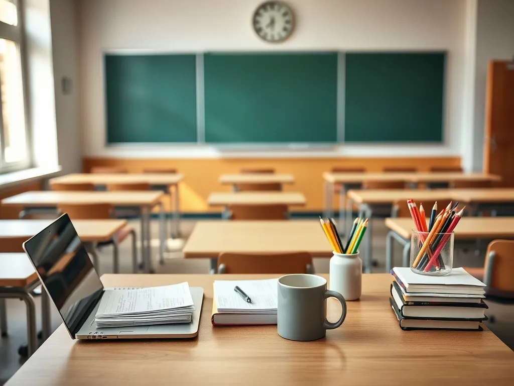 Nowoczesna sala lekcyjna z biurkiem nauczyciela, laptopem i tablicą, podkreślająca profesjonalne warunki pracy w szkole