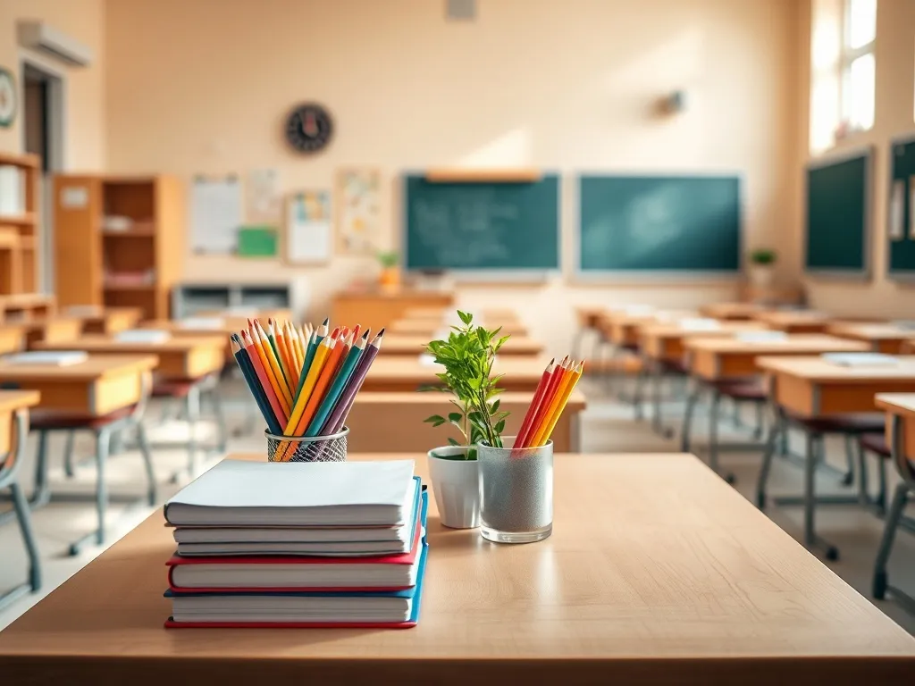 Jasna, przytulna klasa z biurkiem nauczyciela i ławkami uczniów, ilustrująca środowisko pracy nauczyciela klas 1–3.
