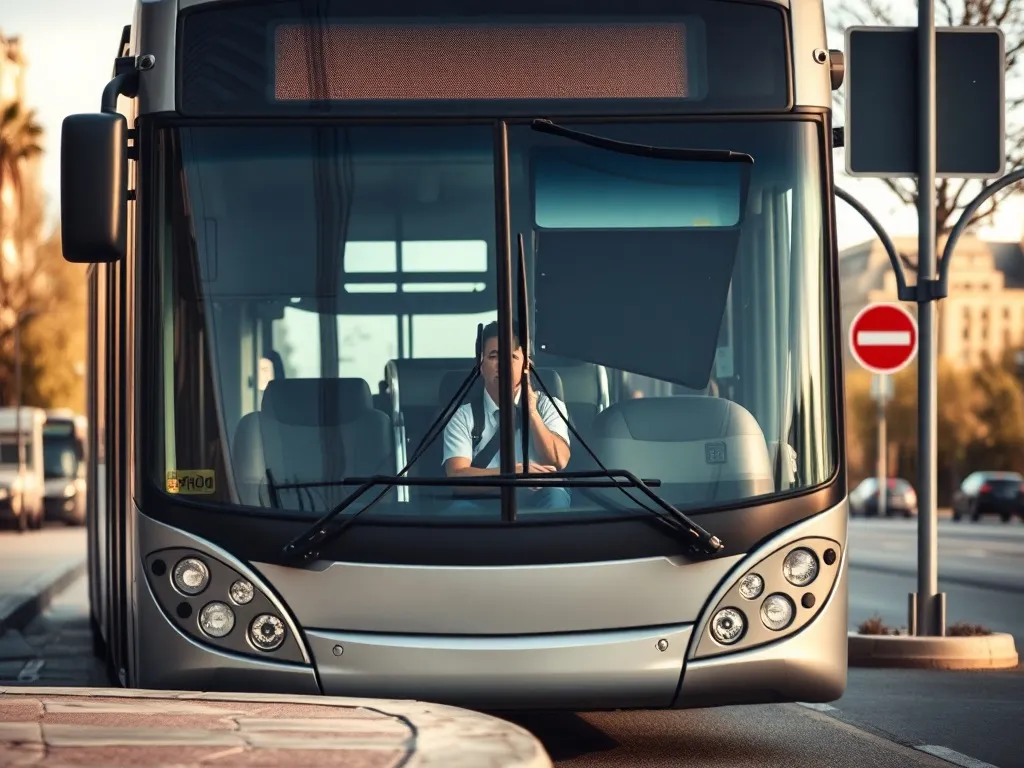 Nowoczesny autobus miejski na przystanku, za szybą spokojny kierowca w mundurze, w tle zabudowa miejska i drzewa.