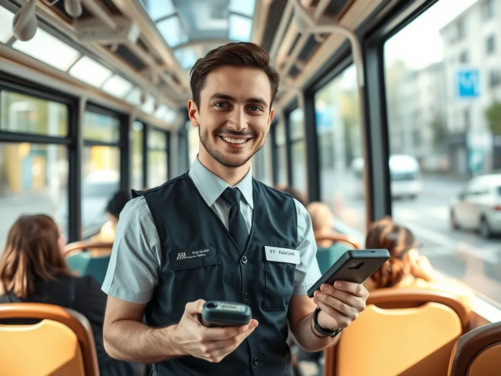 Kontroler biletów w komunikacji miejskiej sprawdza bilet pasażera w nowoczesnym tramwaju, uśmiechnięty i skupiony na pracy
