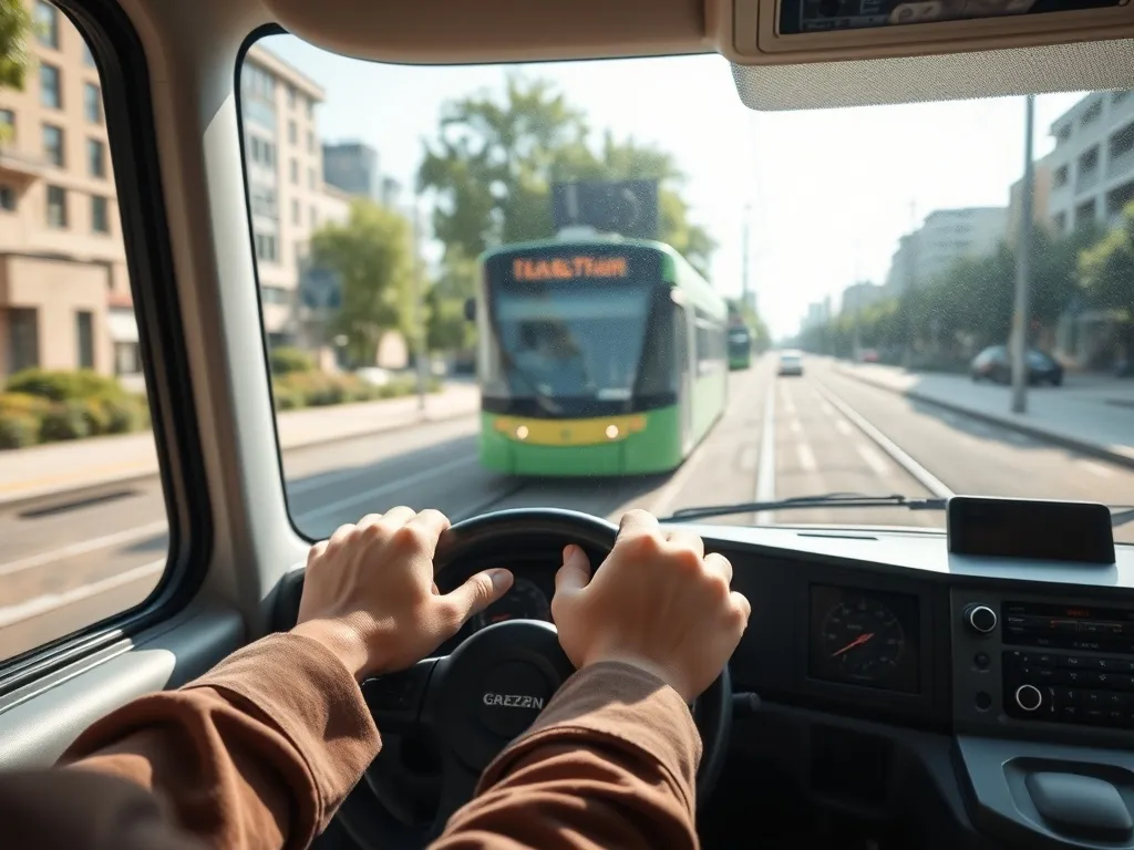 Ręce motorniczego na pulpicie nowoczesnego tramwaju, widok przez przednią szybę na tory i spokojną miejską ulicę.