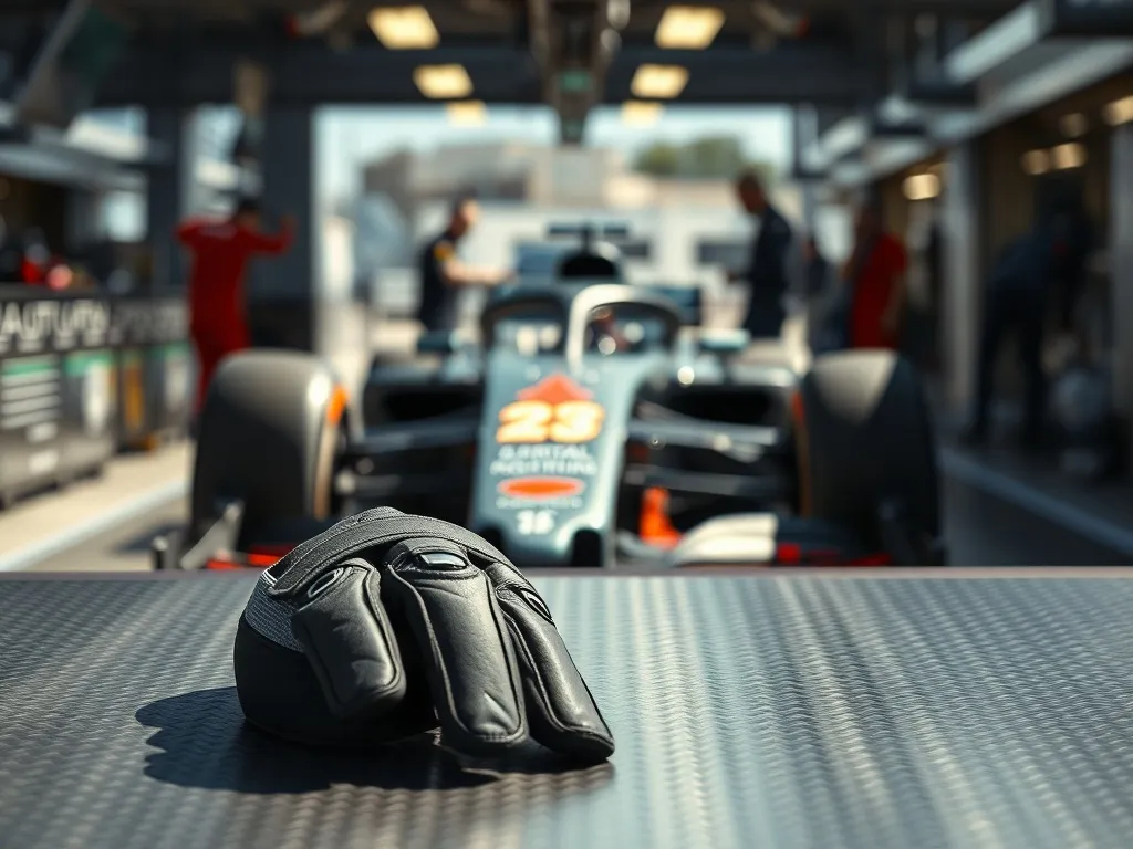 Kask i rękawice kierowcy F1 na boksie, w tle rozmazany bolid i ekipa, atmosfera profesjonalnych wyścigów