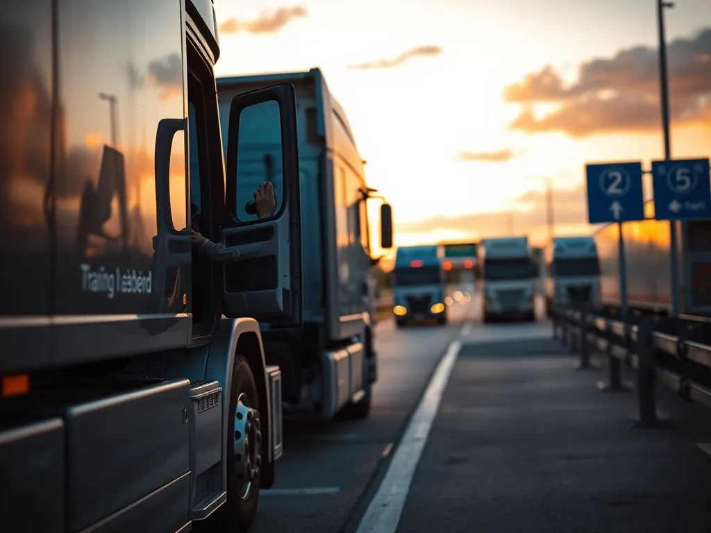 Kierowca tira odpoczywa przy ciężarówce na parkingu autostradowym o zachodzie słońca, symbolizując realia pracy w trasie po Europie.
