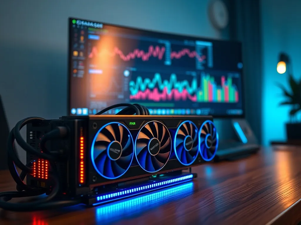 Nowoczesna koparka kryptowalut z podświetlonymi kartami GPU w domowym biurze, symbolizująca potencjalne zarobki z miningu.