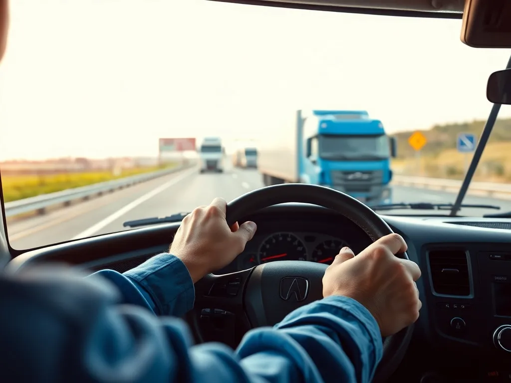 Kierowca ciężarówki prowadzi pojazd autostradą, widoczne wnętrze kabiny i droga symbolizujące pracę i zarobki kierowcy