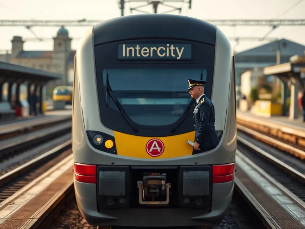 Maszynista w mundurze przy nowoczesnym pociągu Intercity na peronie, symbolizujący pracę i wynagrodzenie maszynistów.