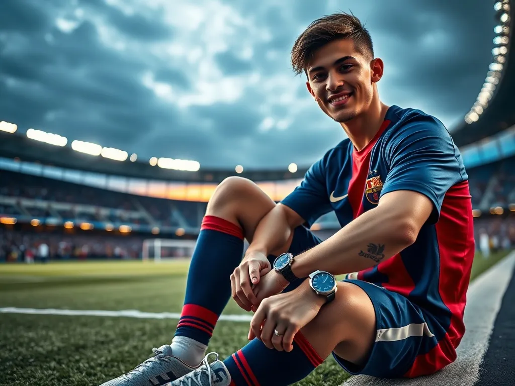 Młody piłkarz w barwach Barcelony wiąże korki przy linii boiska, w tle oświetlony stadion o zmierzchu.