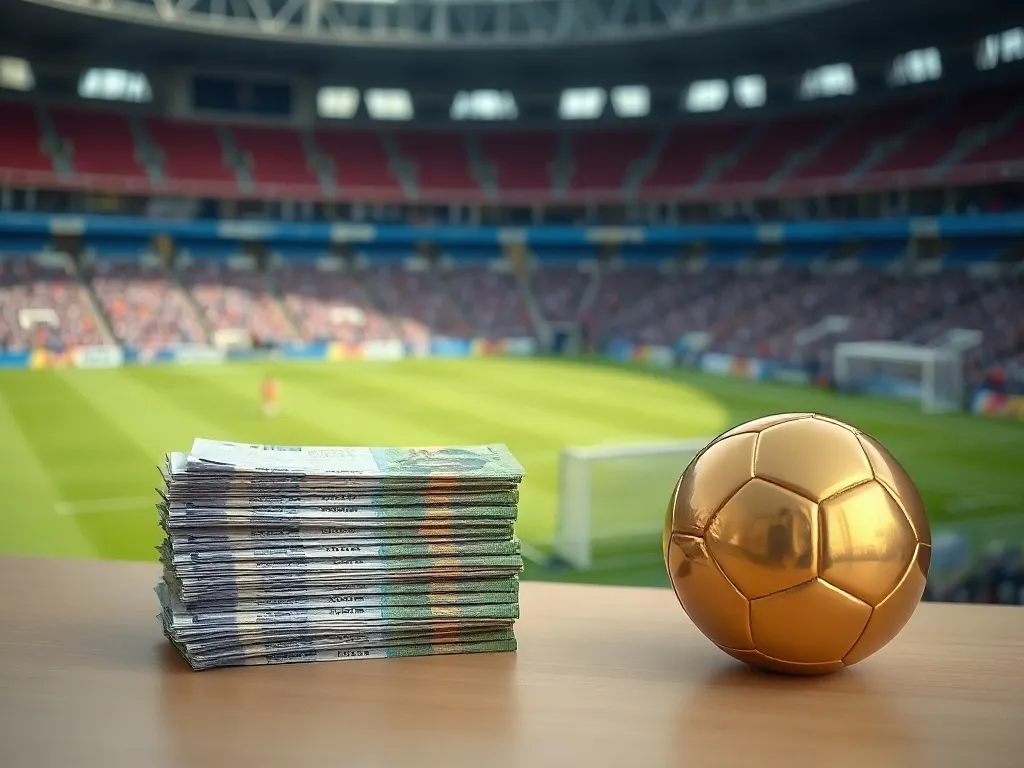 Stos eurobanknotów i złota piłka na tle stadionu Barcelony, symbolizujące zarobki Lewandowskiego w klubie.