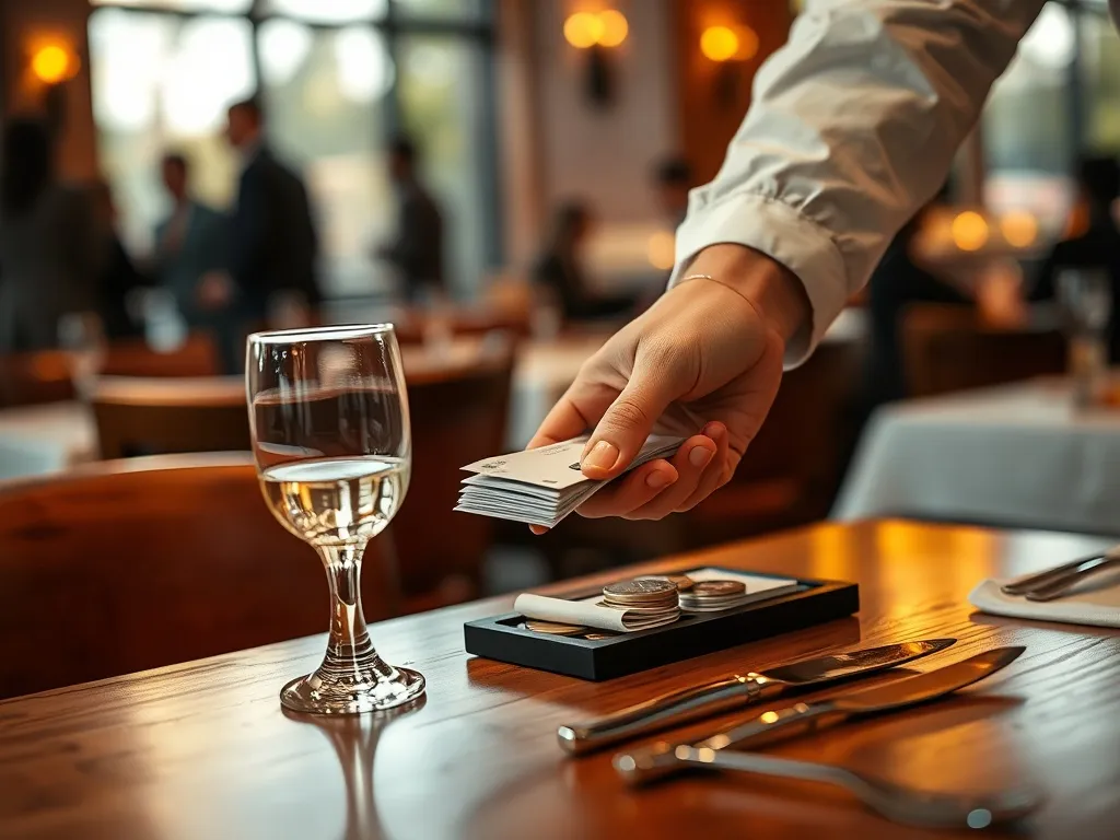Kelner kładzie rachunek z monetami i banknotami na stoliku, podkreślając znaczenie zarobków i napiwków w restauracji.