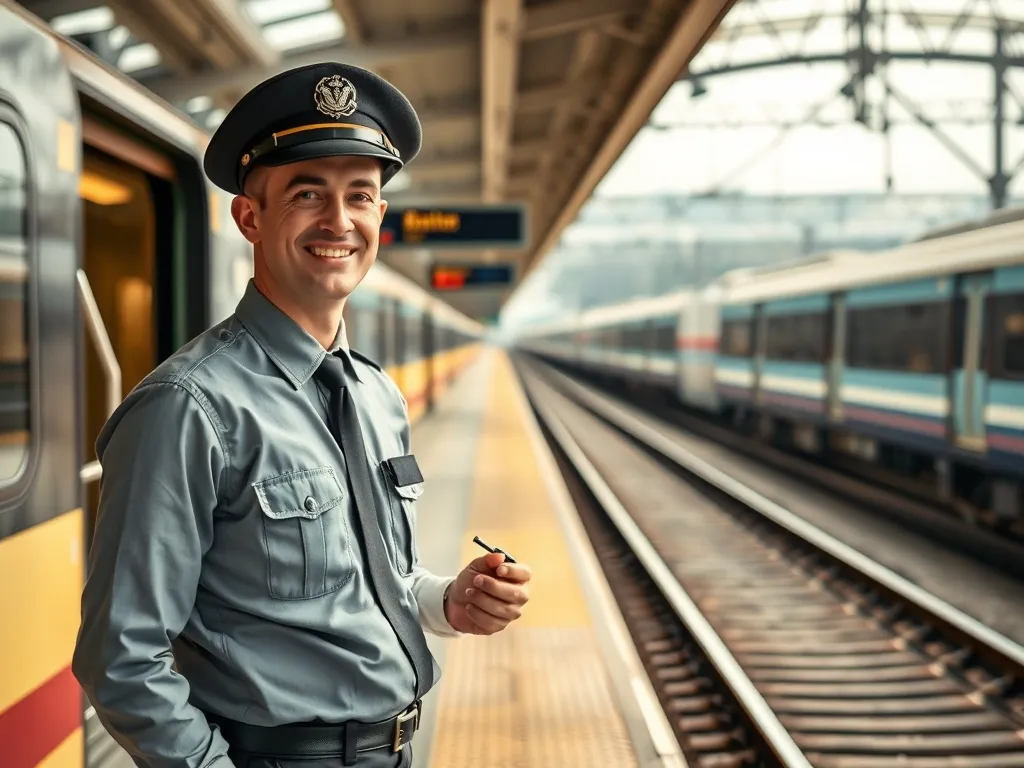 Konduktor PKP w mundurze na peronie obok nowoczesnego pociągu, ilustracja artykułu o zarobkach i dodatkach