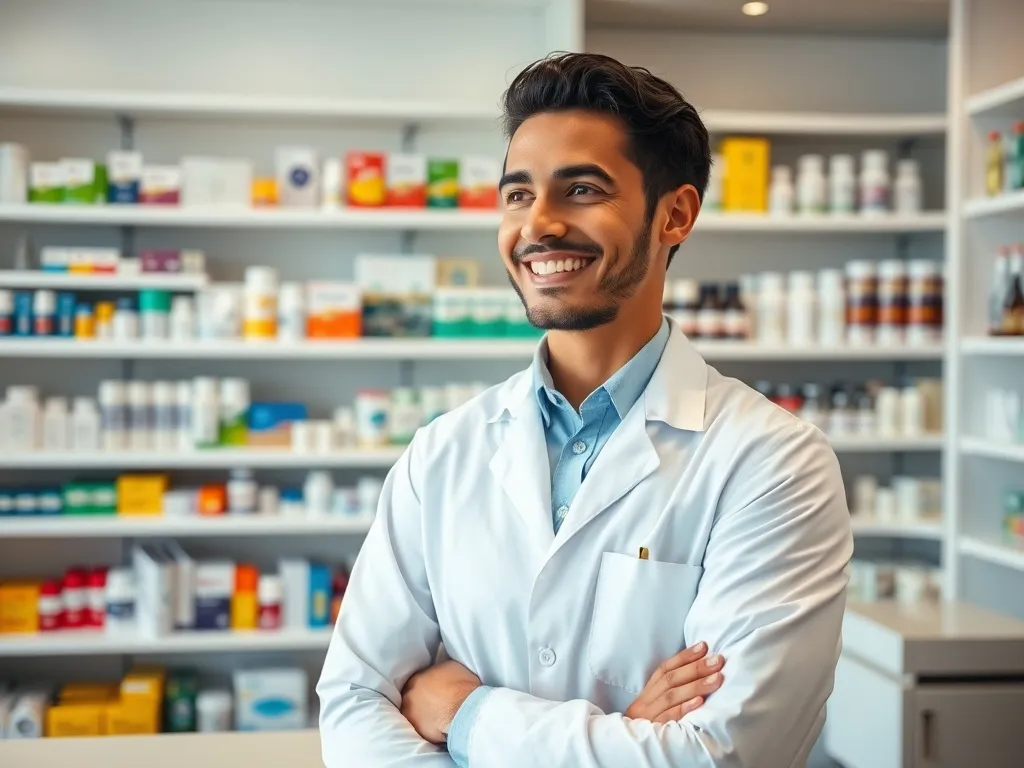 Uśmiechnięty magister farmacji za ladą w nowoczesnej aptece, trzymający lek, symbolizuje pracę i możliwości zarobkowe