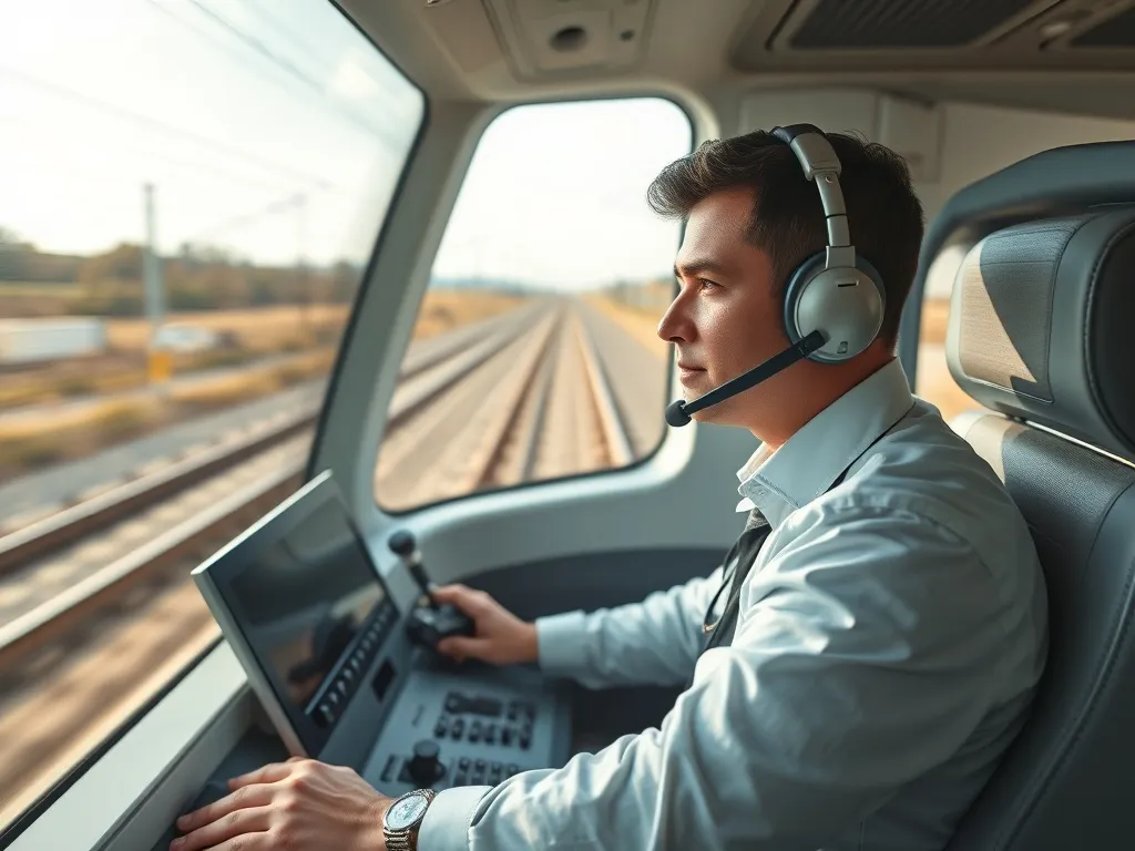 Maszynista prowadzący nowoczesne Pendolino w jasnej kabinie, skupiony na pulpicie sterowniczym podczas szybkiej jazdy.