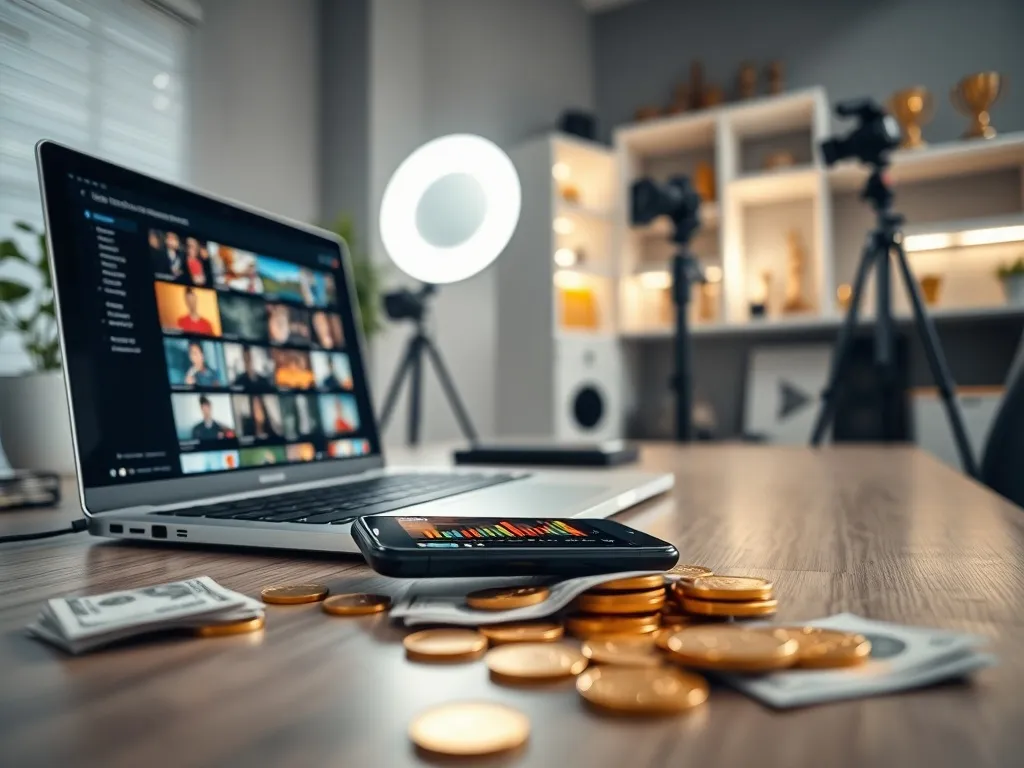 Nowoczesne biurko youtubera z laptopem, statystykami na smartfonie oraz pieniędzmi, symbolizujące zarobki i majątek twórcy.